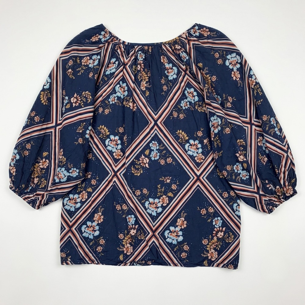 LC Lauren Conrad Blouse Women Large Blue Floral Diamond‎ Puff Sleeve Boho Top - Picture 2 of 13